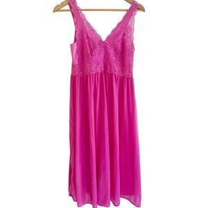 Vintage Shadowline Pink Satin Lace Babydoll Slip Dress Nightgown Midi Small‎